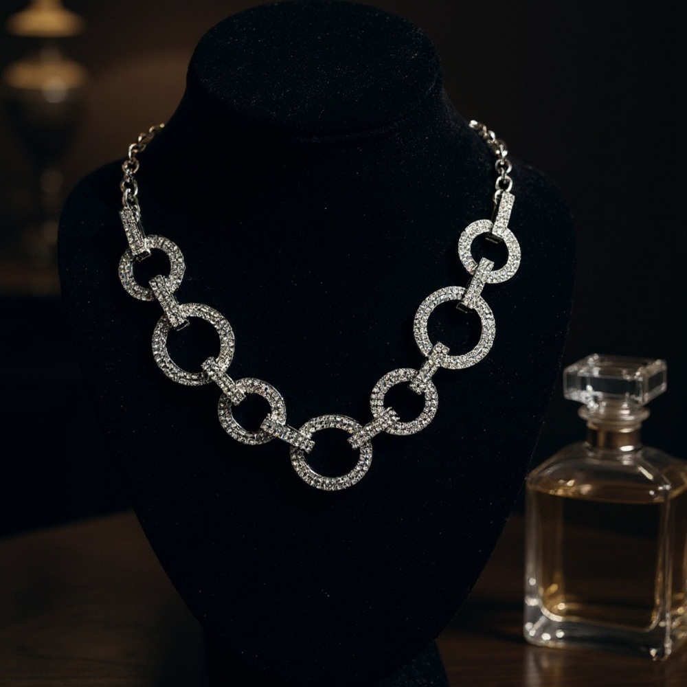 Elegant Silver Tone Chain Link Necklace with Crystals